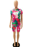 Pink Polyester Fashion Casual adult Ma'am Print Tie Dye Two Piece Suits Straight Short Sleeve Two Pieces