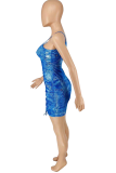 Blue Sexy Print Patchwork Spaghetti Strap Pencil Skirt Dresses