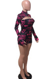 Black street Print letter Backless Hollow Blend Long Sleeve Turtleneck Rompers