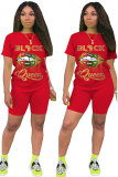 rose red Polyester Fashion Casual adult Letter Patchwork Two Piece Suits Lips Print Straight Short Sleeve Two Pieces
