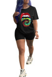 Black Fashion Casual adult Patchwork Character Tie Dye Two Piece Suits Lips Print pencil Short Sleeve Two Pieces