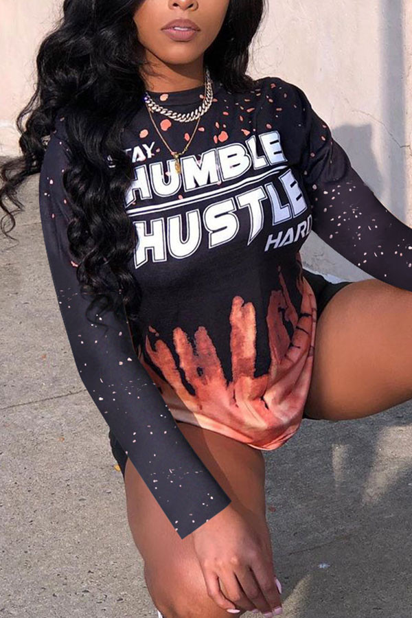 Black O Neck Long Sleeve Print Tops