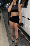 Black Sexy Solid Bandage O Neck Sleeveless Two Pieces