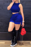 Blue Fashion Casual Solid Split Joint O Neck Sleeveless Two Pieces