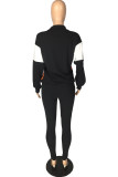 Black Casual Striped Print Zippered Split Joint Mandarin Collar Long Sleeve Two Pieces