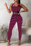Rose Red Sexy Striped Split Joint Spaghetti Strap Regular Jumpsuits