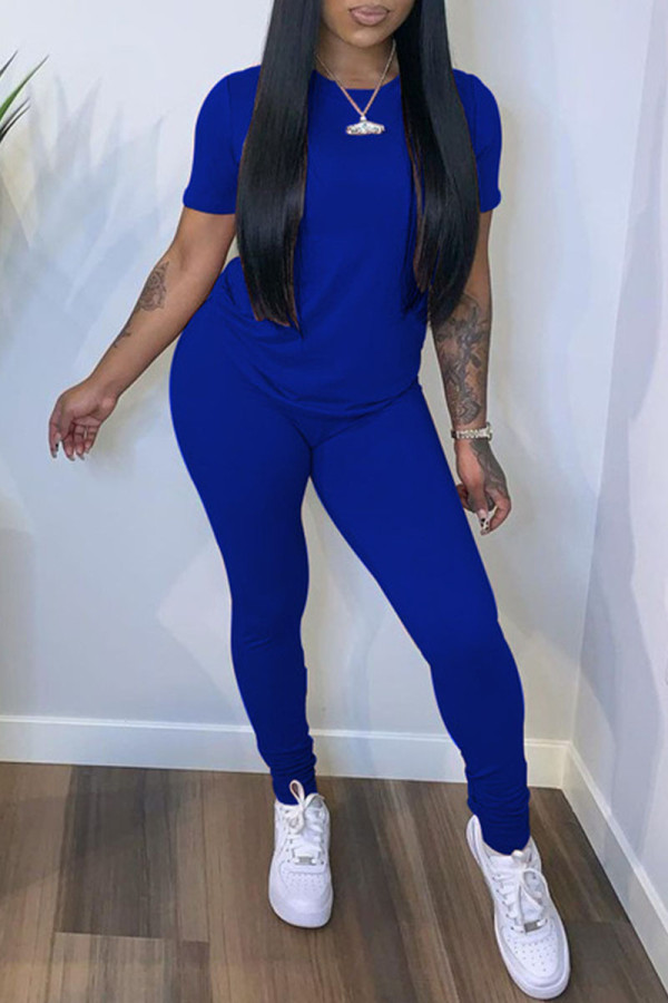 Blue Casual Solid Patchwork O Neck Short Sleeve Two Pieces