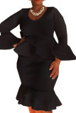 Black Fashion Twilled Satin Solid Patchwork Flounce O Neck Pencil Skirt Plus Size 