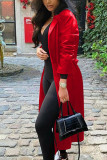 Red Fashion Street Adult Faux Leather Solid With Belt Turndown Collar Outerwear