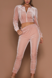 Pink Casual Solid Patchwork V Neck Long Sleeve Two Pieces