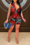 Red Fashion Casual Print Basic Zipper Collar Skinny Romper