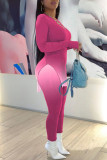 Pink Elegant Gradual Change Print O Neck Long Sleeve Two Pieces