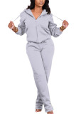 Grey Fashion Casual Adult Polyester Solid Draw String Hooded Collar Long Sleeve Regular Sleeve Regular Two Pieces