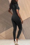 Blue Fashion Casual Solid Basic Zipper Collar Skinny Jumpsuits