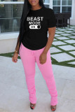 Black Fashion Casual Letter Print Basic O Neck T-Shirts