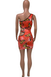 Pink Sexy Print Hollowed Out One Shoulder Pencil Skirt Dresses