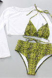 Fluorescent Yellow Casual Sweet Solid Leopard Mesh Printing Solid Color Swimwears 3 Piece Set