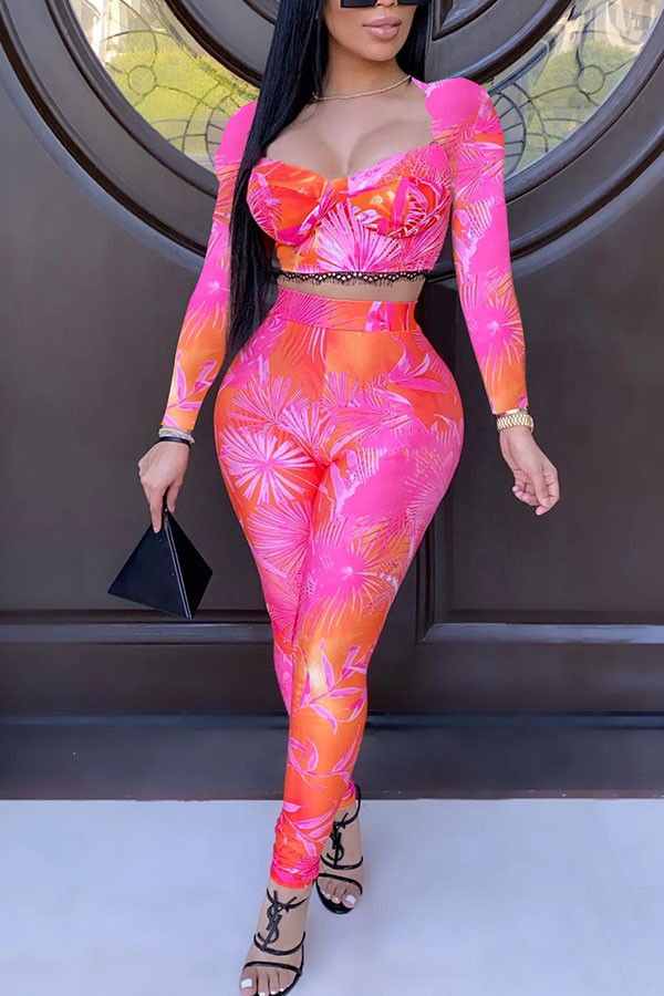 Pink venetian Fashion Celebrities adult Ma'am Print Two Piece Suits pencil Long Sleeve Two Pieces