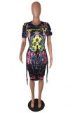 Blue Polyester Fashion Sexy Print Patchwork Regular Two-Piece Dress