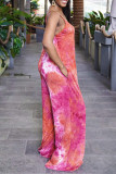 Rose Red Sexy Casual Print Tie Dye Backless Spaghetti Strap Loose Jumpsuits