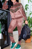 Pink Fashion Street Adult Patchwork Leopard Split Joint O Neck Long Sleeve Regular Sleeve Regular Two Pieces
