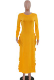 Yellow Polyester Casual Cap Sleeve Long Sleeves O neck Asymmetrical Ankle-Length Solid asymmetrical stringy