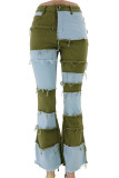 Green Denim Zipper Fly High Patchwork washing Zippered Boot Cut Pants Bottoms