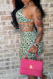 Pink Sexy Leopard Split Joint Spaghetti Strap Sleeveless Two Pieces