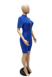 Blue Fashion Casual Solid Basic Zipper Collar Skinny Romper