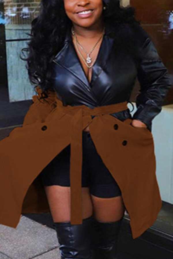 Brown Fashion Casual Patchwork Patchwork Turndown Collar Outerwear