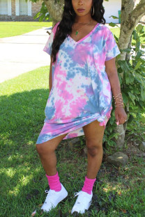Pink Polyester Fashion Sexy adult Green Pink rose red Cap Sleeve Short Sleeves V Neck A-Line Mid-Calf Print Patchwork Tie and dye Dresses