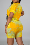 Yellow Casual Patchwork Tie-dye O Neck Short Sleeve Two Pieces