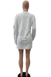 White Fashion Casual Adult Print O Neck Long Sleeve Mini Printed Dress Dresses