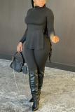 Wine Red Casual Solid Slit Turtleneck Long Sleeve Two Pieces