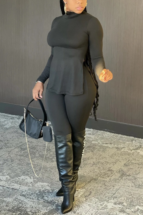 Black Casual Solid Slit Turtleneck Long Sleeve Two Pieces