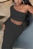 Pink Fashion Sexy Long Sleeve Oblique Collar Single Sleeve Short Solid Two Pieces