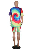 Multi-color Casual Print Split Joint O Neck Short Sleeve Two Pieces