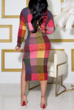 Colour Fashion Casual Plaid Print With Belt Half A Turtleneck Long Sleeve Dresses