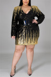 Gold Fashion Casual Plus Size Patchwork Sequins V Neck Long Sleeve Dress(Without Belt)