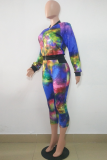 Colour Casual Patchwork Tie-dye Zipper Collar Long Sleeve Two Pieces