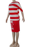 Red Cotton Fashion Casual adult Ma'am Striped Print Two Piece Suits Straight Half Sleeve Two Pieces
