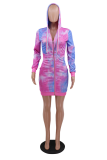 Yellow Casual Patchwork Tie-dye Hooded Collar Pencil Skirt Dresses