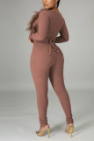 Brown Fashion Sexy Solid Patchwork Strap Design V Neck Long Sleeve Two Pieces