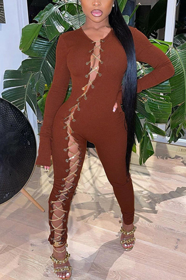 Brown Sexy Solid Hollowed Out O Neck Regular Jumpsuits