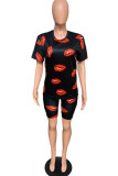Black Polyester Fashion Casual adult Patchwork Print Two Piece Suits Lips Print Straight Short Sleeve Two Pieces