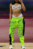 Green Fashion Casual Letter Print Patchwork Regular Mid Waist Trousers