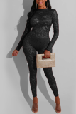 Red Sexy Solid Mesh O Neck Skinny Jumpsuits
