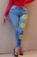 Medium Blue Street Print Ripped Buttons High Waist Regular Denim