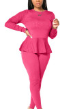 rose red Casual Polyester Solid Bandage Make Old Flounce O Neck Long Sleeve Regular Sleeve Regular Two Pieces