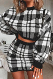 Black Fashion Casual Plaid Print Basic O Neck Long Sleeve Two Pieces